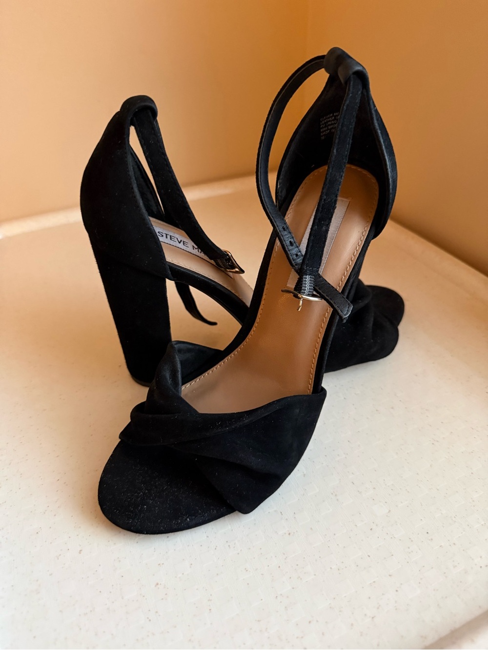 Steve Madden Black Suede Knot Ankle-Strap Block Heels